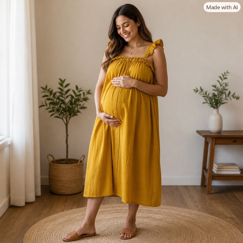 Kindred Bravely Ruffle Strap Labor and Delivery Gown Mustard Yellow M/L Nursing